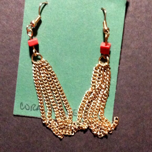80s Earrings Golden Tassels & Coral Flair Dangles are Pure Retro Glam Perfection - Picture 1 of 3